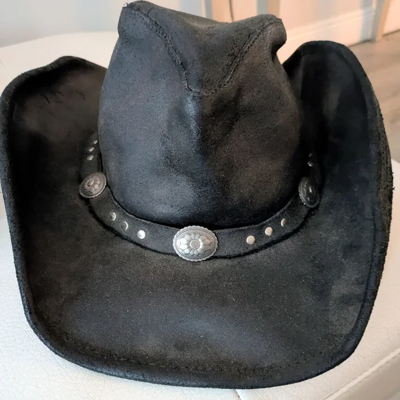Minnetonka The Silverton Hat Black Leather Silver Concho Embellishments XL - Picture 1 of 13